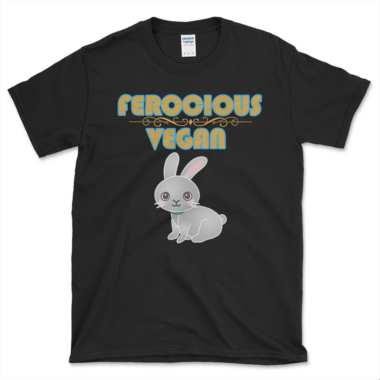 A Black vegan t-shirt that says Ferocious Vegan and features a cute bunny rabbit. By Left Arrow Tees.