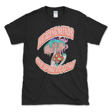 Legalize mushrooms t-shirt that says healing minds one spore at a time. Black tee by Left Arrow Tees.