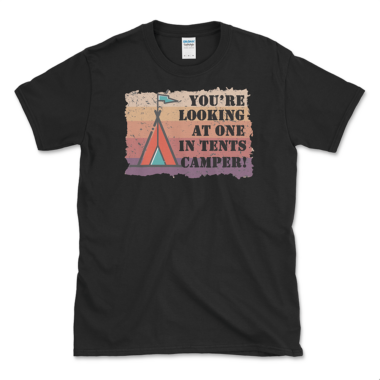 Funny Camping Pun T-shirt that says You're looking at one in tents camper! Black tee by Left Arrow Tees.