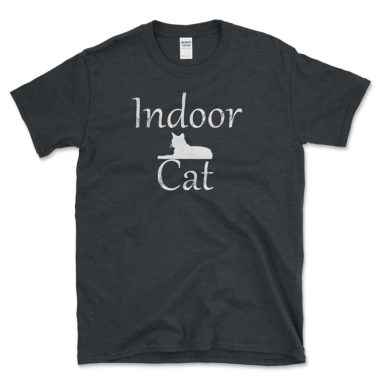 Introvert's cat t-shirt that sayd Indoor Cat and features a cat silhouette. Dark Heather Tee by Left Arrow Tees.