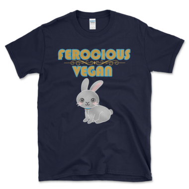 A Navy vegan t-shirt that says Ferocious Vegan and features a cute bunny rabbit. By Left Arrow Tees.