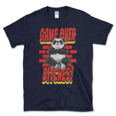 Angry Panda T-shirt that says Game Over Bitches! and features a panda with arms crossed. Navy Tee by Left Arrow Tees.