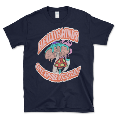 Legalize mushrooms t-shirt that says healing minds one spore at a time. Navy tee by Left Arrow Tees.