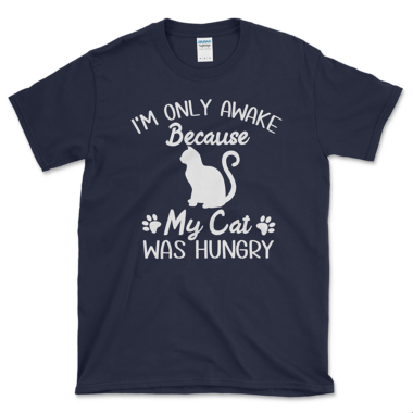 unisex-basic-softstyle-t-shirt-navy-front-661a90b8af3e3.png Funny cat t-shirt that says I'm Only Awake Because My Cat Was Hungry. Navy Tee by Left Arrow Tees.