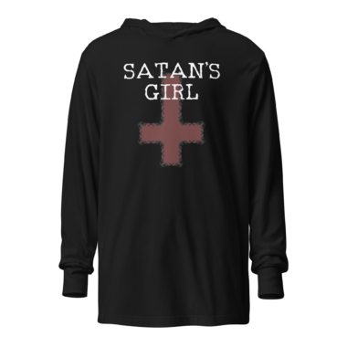 Sacrilegious inverted cross hoodie tee that says Satan's Girl. Black hoodie by Left Arrow Tees Company.