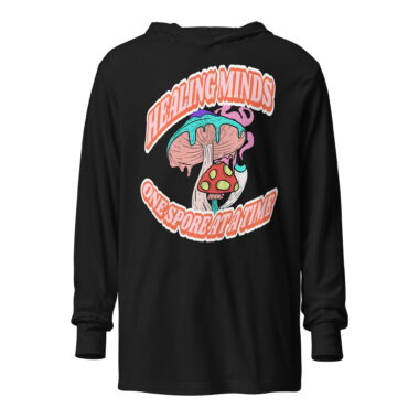 unisex-hooded-long-sleeve-tee-black-front-661f3cbc25a62.jpg Legalize psychedelic mushrooms hoodie tee that says Healing Minds One Spore at A Time and features a trippy psilocybin mushroom graphic. Black by Left Arrow Tees Company.