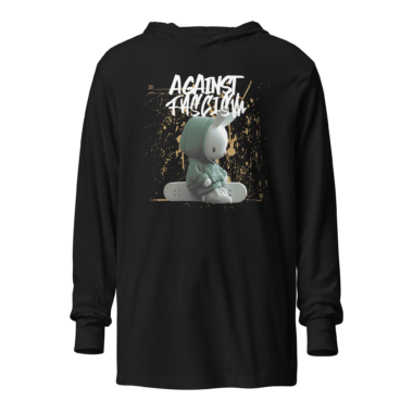 unisex-hooded-long-sleeve-tee-black-front-662559e9c9c32.png Fight fascism antifa hoodie tee that says against Fascism and has a skateboarding bunny. Black hoodie by Left Arrow Tees company.