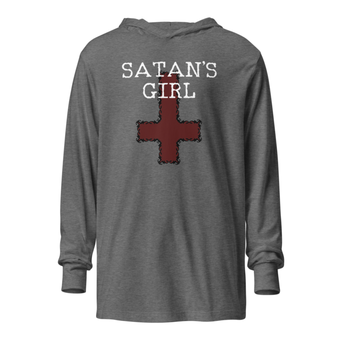 Sacrilegious inverted cross hoodie tee that says Satan's Girl. Grey tri-blend hoodie by Left Arrow Tees Company.
