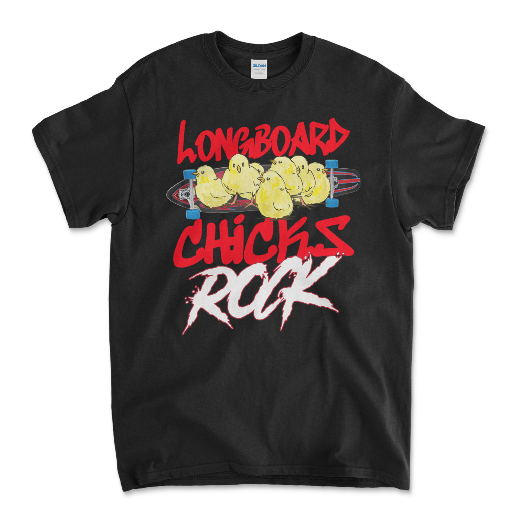 Longboard T-shirt that says Longboard Chicks Rock that features baby chickens on a longboard graphic. Black by Left Arrow Tees Company.