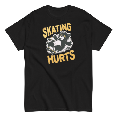 Skateboarders funny saying t-shirt that reads Skating Hurts and features a bear falling off of a skateboard. Black t-shirt by Left Arrow Tees Company.