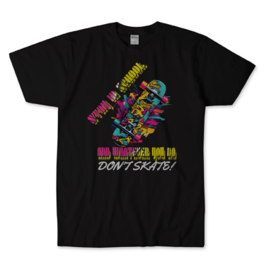 "Stay in School, and Whatever You Do, Don't Skate!" black T-shirt featuring a vibrant graphic of a skateboard with colorful, graffiti-like splashes in the background. The bold text is split into three parts: "STAY IN SCHOOL!" in yellow, "AND WHATEVER YOU DO" in pink and yellow, and "DON'T SKATE!" in white. The skateboard graphic is central and dynamic, with a mix of blue, pink, and yellow hues, giving the shirt an eye-catching, rebellious look. By Left Arrow Tees company.