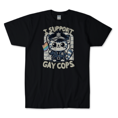 mens-classic-tee-black-front-665a2e5a9bea4.png A black T-shirt featuring a cute kitten dressed in a police uniform, holding a rainbow flag. The kitten has a friendly and supportive expression. The text "I support gay cops" is displayed in a bold, playful font above and below the kitten. The background is simple and clean, allowing the main elements to stand out prominently. By Left Arrow Tees Company.