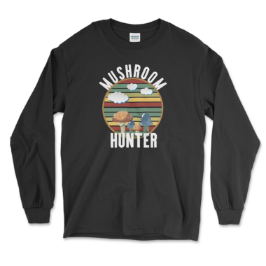 Mushroom Hunter Long Sleeve Shirt for foraging mushrooms. Black long sleeve shirt by Left Arrow Tees Company.