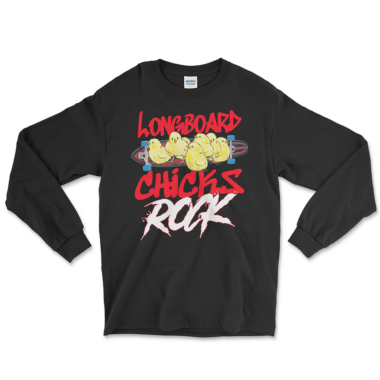Longboarder girls long sleeve shirt that says Longboard Chicks rule and has baby chickens on a longboard. Black long sleeve shirt by Left Arrow Tees Company.