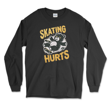 Black long-sleeve T-shirt with a graphic design featuring a cartoon bear falling off a skateboard. The text above the bear reads 'SKATING' and below it says 'HURTS' in distressed yellow letters. By Left Arrow Tees.