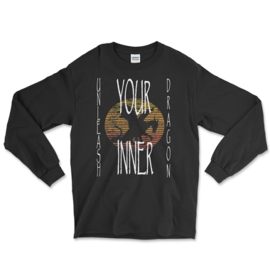 Black long sleeve shirt with a dragon silhouette against a sunset background and the text 'Unleash Your Inner Dragon.