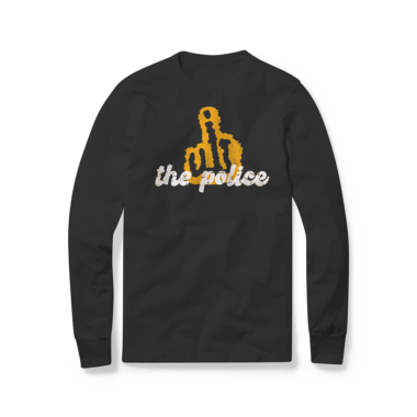 A fuck the police long-sleeve T-shirt in black featuring a bold graphic design. The central image is a stylized hand making a middle finger gesture, with the words "the police" in a distressed, white font below the image. The hand is outlined in a contrasting yellow color, creating a striking visual against the background.
