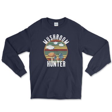 mens-long-sleeve-shirt-navy-front-663f80b166613.png Mushroom Hunter Long Sleeve Shirt for foraging mushrooms. Navy long sleeve shirt by Left Arrow Tees Company.