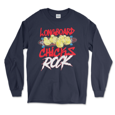 mens-long-sleeve-shirt-navy-front-663f9305c0816.png Longboarder girls long sleeve shirt that says Longboard Chicks rule and has baby chickens on a longboard. Navy long sleeve shirt by Left Arrow Tees Company.