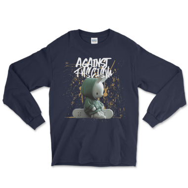 Antifa Skateboarders Long Sleeve Shirt that says against fascism and has a skating bunny rabbit. Navy Long Sleeve shirt by LEft Arrow Tees Company.