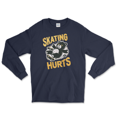 Navy long-sleeve T-shirt with a graphic design featuring a cartoon bear falling off a skateboard. The text above the bear reads 'SKATING' and below it says 'HURTS' in distressed yellow letters. By Left Arrow Tees.
