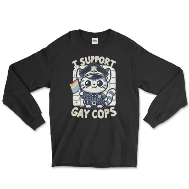 mens-long-sleeve-shirt-black-front-665b1ca87e490.png A black long-sleeve T-shirt featuring a playful design of a cute kitten dressed in a police uniform holding a rainbow flag. The kitten has a friendly and supportive expression, with the text "I Support Gay Cops" displayed in a bold, playful font above and below the kitten. The background is simple and clean, allowing the main elements of the design to stand out prominently. This stylish T-shirt is part of a unique and inclusive collection, perfect for celebrating Pride Month and showing support for the LGBTQ+ community. By Left Arrow Tees company.