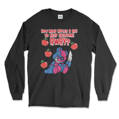 A black long-sleeve shirt featuring a graphic design of a mischievous blue bear with a pink face and holding a knife. The bear is surrounded by red apples, and the text above reads, "How many apples a day to keep everyone away?" in bold, red and white letters. By Left Arrow Tees company.