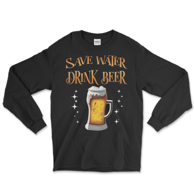 A black long-sleeve T-shirt featuring the phrase "Save Water Drink Beer" in bold, vintage-style lettering across the chest. Below the text is a detailed graphic of a frosty beer mug filled with golden beer, surrounded by white sparkles, adding a fun and eye-catching element to the design. By Left Arrow Tees company.