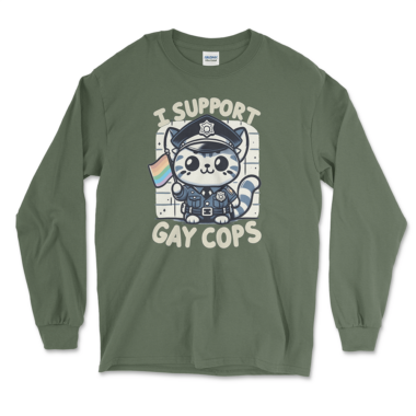 A military green long-sleeve T-shirt featuring a playful design of a cute kitten dressed in a police uniform holding a rainbow flag. The kitten has a friendly and supportive expression, with the text "I Support Gay Cops" displayed in a bold, playful font above and below the kitten. The background is simple and clean, allowing the main elements of the design to stand out prominently. This stylish T-shirt is part of a unique and inclusive collection, perfect for celebrating Pride Month and showing support for the LGBTQ+ community. By Left Arrow Tees company.
