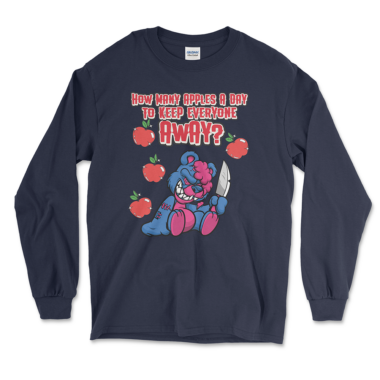 mens-long-sleeve-shirt-navy-front-666310ef554c5.png A navy long-sleeve shirt featuring a graphic design of a mischievous blue bear with a pink face and holding a knife. The bear is surrounded by red apples, and the text above reads, "How many apples a day to keep everyone away?" in bold, red and white letters. By Left Arrow Tees company.