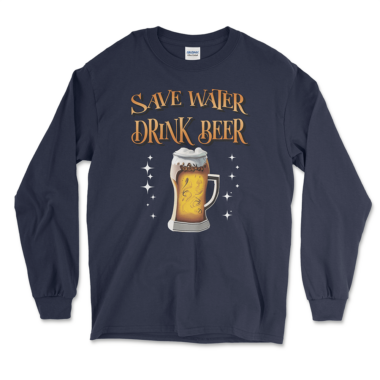 mens-long-sleeve-shirt-navy-front-666b00956e958.png A navy long-sleeve T-shirt featuring the phrase "Save Water Drink Beer" in bold, vintage-style lettering across the chest. Below the text is a detailed graphic of a frosty beer mug filled with golden beer, surrounded by white sparkles, adding a fun and eye-catching element to the design. By Left Arrow Tees company.
