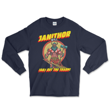 mens-long-sleeve-shirt-navy-front-666b38c177d68.png A navy long-sleeve shirt featuring a bold, comic book-style design of a superhero janitor named "Janithor." The character is depicted as a muscular figure with a beard, holding a broom and a hammer, surrounded by a circular background. The text "JANITHOR WILL TAKE OUT THE TRASH!" is prominently displayed in vibrant yellow and red letters above and below the character. The design is humorous and eye-catching, emphasizing the superhero theme with a janitorial twist. Left Arrow Tees company.