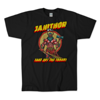 A black T-shirt featuring a bold, comic book-style design of a superhero janitor named "Janithor." The character, depicted with a muscular build and a beard, holds a broom and a hammer. The text "JANITHOR WILL TAKE OUT THE TRASH!" is prominently displayed in vibrant yellow and red letters. The overall design is eye-catching and humorous, emphasizing the superhero theme with a janitorial twist. Left Arrow Tees company.