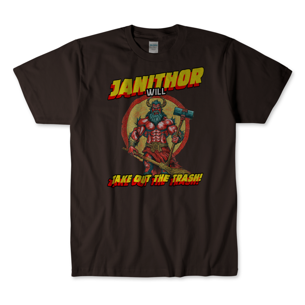 A dark chocolate T-shirt featuring a bold, comic book-style design of a superhero janitor named "Janithor." The character, depicted with a muscular build and a beard, holds a broom and a hammer. The text "JANITHOR WILL TAKE OUT THE TRASH!" is prominently displayed in vibrant yellow and red letters. The overall design is eye-catching and humorous, emphasizing the superhero theme with a janitorial twist. Left Arrow Tees company.