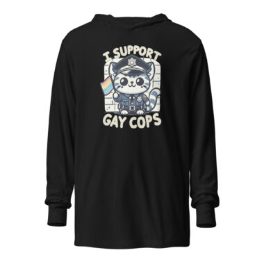 unisex-hooded-long-sleeve-tee-black-front-665b1b9be7373.jpg A black long-sleeve hoodie t-shirt featuring a playful design of a cute kitten dressed in a police uniform holding a rainbow flag. The kitten has a friendly and supportive expression, accompanied by the text "I Support Gay Cops" in a bold, playful font above and below the kitten. The background is simple and clean, highlighting the main elements of the design. This hoodie is a stylish and inclusive piece of LGBT pride apparel, perfect for celebrating Pride Month. By Left Arrow Tees Company.