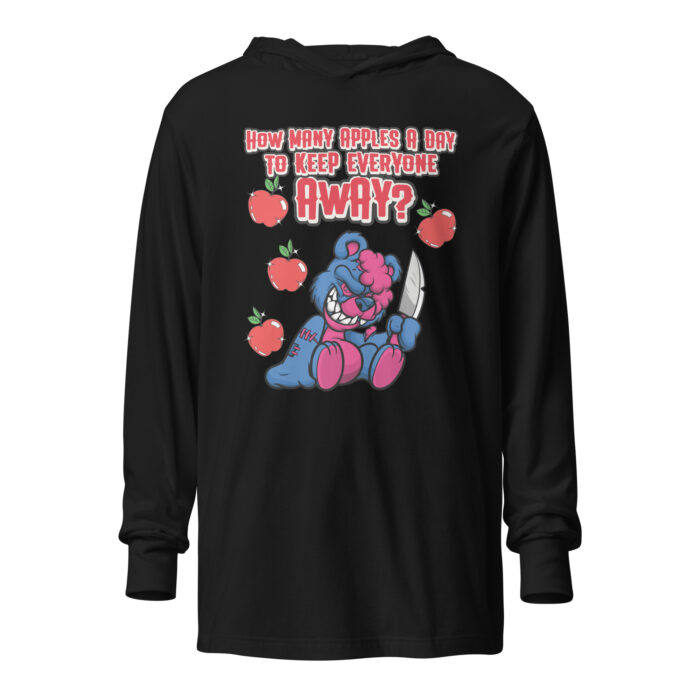 Image of a black hoodie featuring a dark humor graphic of a menacing teddy bear with a mischievous grin, holding a large knife. Surrounding the bear are red apples, and the text above reads, 'How many apples a day to keep everyone away?'. The bear has pink accents, adding a playful yet sinister touch to the design. By Left Arrow Tees company.