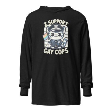 A charcoal black long-sleeve hoodie t-shirt featuring a playful design of a cute kitten dressed in a police uniform holding a rainbow flag. The kitten has a friendly and supportive expression, accompanied by the text "I Support Gay Cops" in a bold, playful font above and below the kitten. The background is simple and clean, highlighting the main elements of the design. This hoodie is a stylish and inclusive piece of LGBT pride apparel, perfect for celebrating Pride Month. By Left Arrow Tees Company.