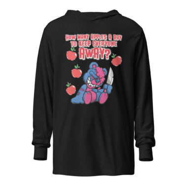unisex-hooded-long-sleeve-tee-charcoal-black-triblend-front-66630f89107b8.jpg Image of a charcoal black hoodie featuring a dark humor graphic of a menacing teddy bear with a mischievous grin, holding a large knife. Surrounding the bear are red apples, and the text above reads, 'How many apples a day to keep everyone away?'. The bear has pink accents, adding a playful yet sinister touch to the design. By Left Arrow Tees company.