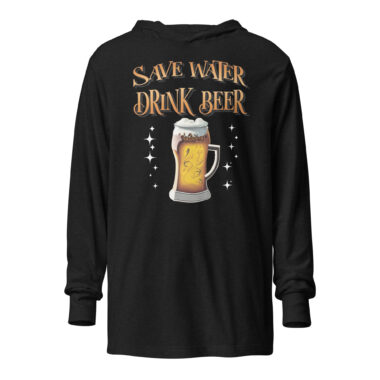 unisex-hooded-long-sleeve-tee-charcoal-black-triblend-front-666affcf9ef4d.jpg A charcoal black hoodie tee featuring the phrase "Save Water Drink Beer" in bold, vintage-style lettering across the chest. Below the text is a detailed graphic of a frosty beer mug filled with golden beer, surrounded by white sparkles, adding a fun and eye-catching element to the design. By Left Arrow Tees company.