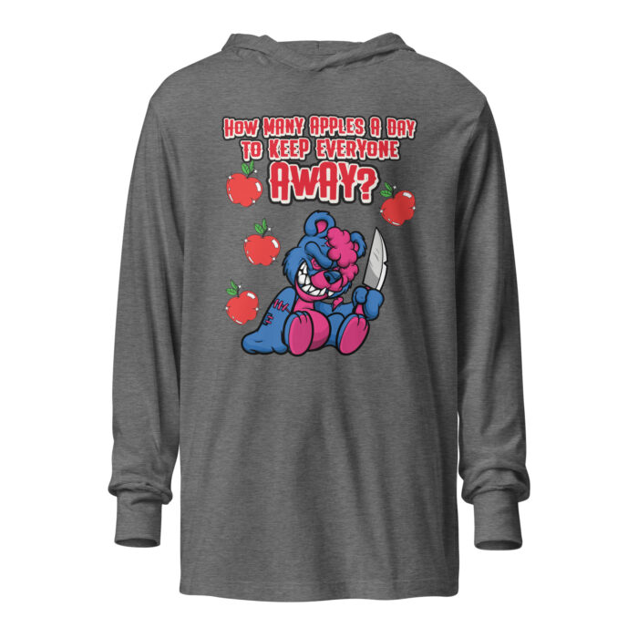 Image of a grey triblend hoodie featuring a dark humor graphic of a menacing teddy bear with a mischievous grin, holding a large knife. Surrounding the bear are red apples, and the text above reads, 'How many apples a day to keep everyone away?'. The bear has pink accents, adding a playful yet sinister touch to the design. By Left Arrow Tees company.