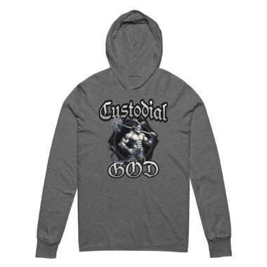 A grey triblend hoodie tee features a bold graphic design. The text "Custodial GOD" is prominently displayed in a medieval-style font. Below the text, there is an illustration of a muscular, mythological figure holding a mop and a broom, emphasizing the custodial theme with a heroic twist. The figure is detailed and rendered in a grayscale, adding a dramatic and powerful look to the overall design, by Left Arrow Tees company.
