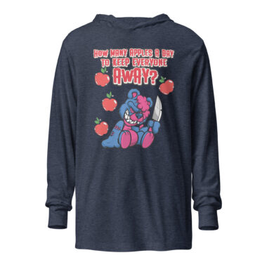 Image of a heather navy hoodie featuring a dark humor graphic of a menacing teddy bear with a mischievous grin, holding a large knife. Surrounding the bear are red apples, and the text above reads, 'How many apples a day to keep everyone away?'. The bear has pink accents, adding a playful yet sinister touch to the design. By Left Arrow Tees company.