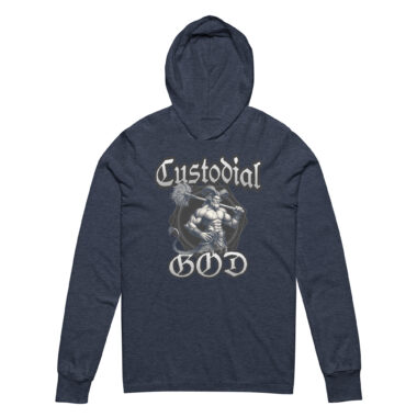 A heather navy hoodie tee features a bold graphic design. The text "Custodial GOD" is prominently displayed in a medieval-style font. Below the text, there is an illustration of a muscular, mythological figure holding a mop and a broom, emphasizing the custodial theme with a heroic twist. The figure is detailed and rendered in a grayscale, adding a dramatic and powerful look to the overall design, by Left Arrow Tees company.