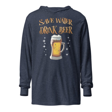 A heather navy hoodie tee featuring the phrase "Save Water Drink Beer" in bold, vintage-style lettering across the chest. Below the text is a detailed graphic of a frosty beer mug filled with golden beer, surrounded by white sparkles, adding a fun and eye-catching element to the design. By Left Arrow Tees company.