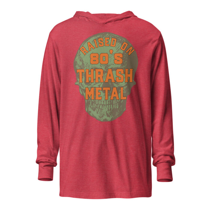Heather red hooded t-shirt that features a skull graphic and reads Raised On 80's Thrash Metal. By Left Arrow Tees company.