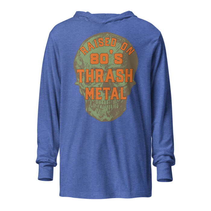 Heather true royal hooded t-shirt that features a skull graphic and reads Raised On 80's Thrash Metal. By Left Arrow Tees company.