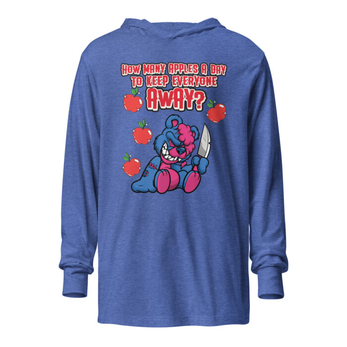 Image of a heather true royal blue hoodie featuring a dark humor graphic of a menacing teddy bear with a mischievous grin, holding a large knife. Surrounding the bear are red apples, and the text above reads, 'How many apples a day to keep everyone away?'. The bear has pink accents, adding a playful yet sinister touch to the design. By Left Arrow Tees company.