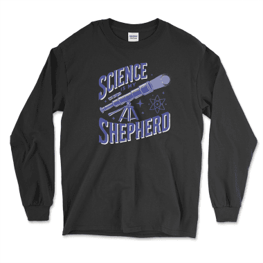 mens-long-sleeve-shirt-black-front-671d107acb7d1.png Black long-sleeve T-shirt with a science-themed design featuring the phrase 'Science is My Shepherd.' The graphic includes a telescope, stars, and an atom symbol, symbolizing secularism and a rational, atheist perspective. Ideal for science enthusiasts and those who embrace a secular worldview. Affordable Graphic Shirts by Left Arrow Tees.