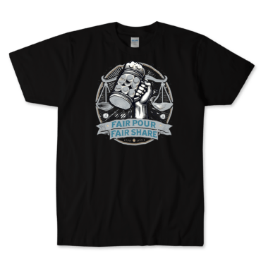 Black T-shirt featuring a graphic of a raised hand holding a beer stein with the slogan 'Fair Pour Fair Share' beneath, symbolizing support for fair labor practices, union rights, and equitable pay in the craft beer industry. By Left Arrow Tees.