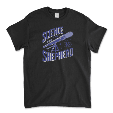 Black T-shirt featuring an atheist-themed design with the phrase 'Science is My Shepherd' in bold, vintage-style typography. The graphic includes a telescope pointing upward, surrounded by stars and an atom symbol, emphasizing a secular, science-centered worldview. Affordable graphic t-shirts from Left Arrow Tees.